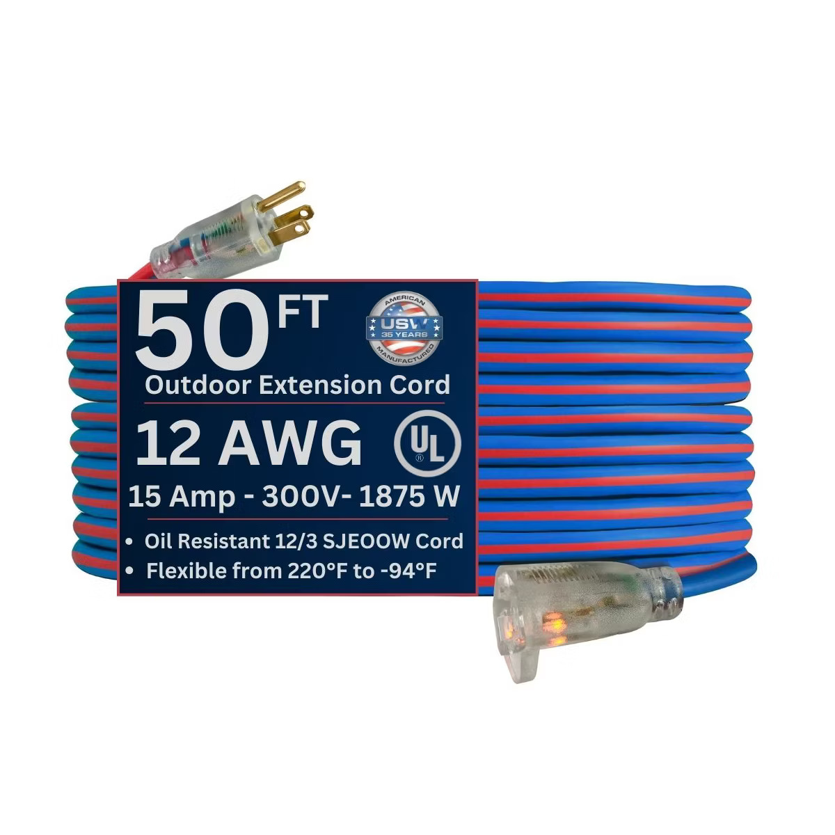 US Wire Extreme Arctic Electrical Cord 12/3 50' w/Lighted Ends